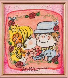 水森亜土 水彩画 肉筆『Kiss』表サイン 色紙 額装 b449 - メルカリ