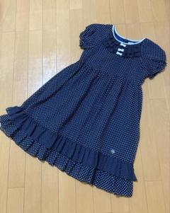 美品　ポンポネット　ワンピース　140 ドット　水玉　紺　ドレス