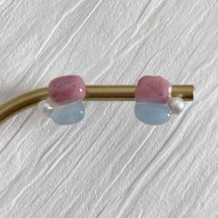 141天然石とあこやベビーパールのピアス　サージカルステンレスピンクブルー