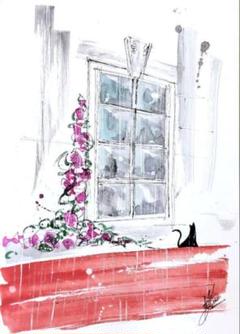 原画#3949 黒猫 雨 花 パリ 水彩画 ドローイング インテリア