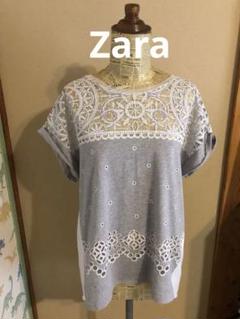 ZARA 半袖チュニック グレー ホワイト レース装飾