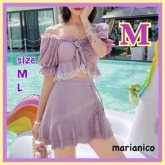 人気商品Ⅴ⭐️フリルパフスリーブ水着 Mサイズ パープルピンク
