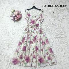 【美品♡美シルエット】ローラアシュレイ　花柄タフレアワンピース　リボン付き　L 美品♡美シルエット】ローラアシュレイ ドット&フラワーフレア
