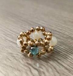 【ハンドメイド】2wayデザイン ビーズリング6号相当 ゴールド×パール×ブルー