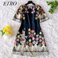 ETRO 水色 花柄 ワンピース 42 ETRO エトロ 七分袖ワンピース サイズ38 マルチカラー