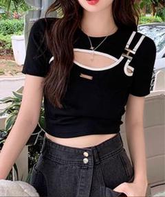 胸元カットアウト　配色バインダーショート丈　Tシャツ