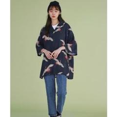 【限定】オーバーサイズ　ブラック　レディース　メンズ　半袖シャツ　柄シャツ　鶴
