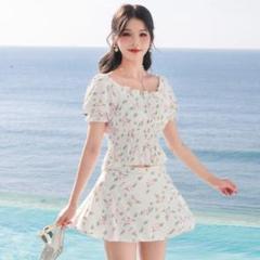 水着 M ホワイト セパレート 花柄 レディース 可愛い 体型カバー