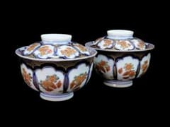 古伊万里金襴手陽刻窓絵花の図蓋茶碗2客E114AS-CEk