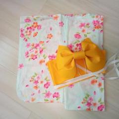 【130】キッズ浴衣　水色　桜柄　黄色作り帯付き