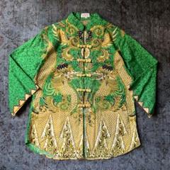 珍品 チャイナシャツ ドラゴン グリーン 90s レトロ 一点物 vintage