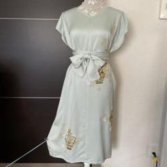 正絹シルク☆着物リメイク 和洋服 ワンピース 金彩 綸子 縁起柄