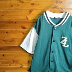 半袖　ブルゾン　ボタンシャツ　緑　白　レトロ　Y2K　ユニセックス　スポーツ　M