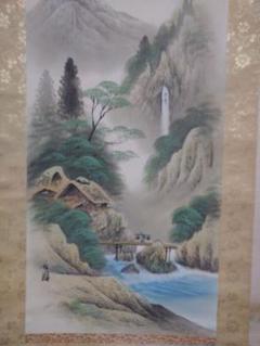 掛け軸　山水画　油書作品　徳松 作 掛軸 松月『水墨山水図』日本画 絹本 版画+手彩色 掛け軸 R014の