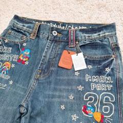 未使用ラフ ジーンズ刺繡デニム パンツ アップリケ折り返しプリント紺ネイビー