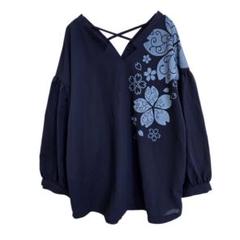 タグ付き 雅結 スキッパーシャツ ブラウス プルオーバー ネイビー L 桜 和柄