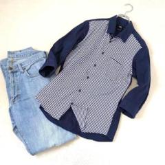 【ハレ】異素材切替七分袖 シャツ『M』紺×白　無地×ボーダー　古着　かっこいい