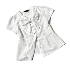 【美品】 クレイサス　半袖　シアーブラウス　リボン付き　ボーダー×ドット柄　春夏