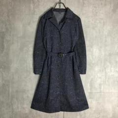 昭和レトロボタニカル柄ロングワンピース長袖ダークカラーネイビー古着