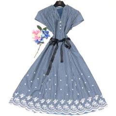 極美品　ローラアシュレイ　ロングワンピース　ストライプ　レース　爽やか水色✨ 極美品 ローラアシュレイ ロングワンピース ストライプ レース