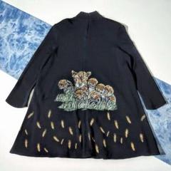 伊太利屋　ニットカーディガン　黒　薄手　ヒョウ　アニマル柄　ラインストーン　春秋