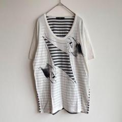 ルーシー ビッグプリント Tシャツ 半袖 L ボーダー 切替 面白 デザイン