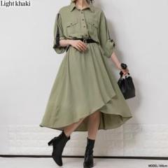 美品❤️Reonie レオニー ライトカーキ シャツワンピース アシンメトリー