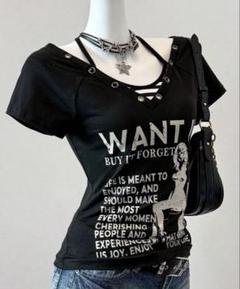 オフショルダー ブラック Tシャツ Y2K 古着