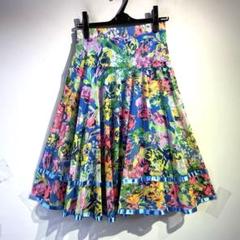 No.4015 美品 L カラフル 花柄 青×パイピング スカート★社交ダンス