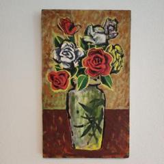 メルカリ  絵画　絵　額付 (黒) 油絵　F4-070202　花（ばら） メルカリ 絵画絵額付 (黒) 油絵F4-070202花（ばら）