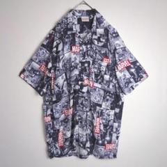 柄シャツ (LL) マーベル 大きめサイズ ゆるだぼ オープンカラー 紺色 古着