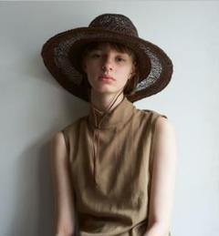 ほぼ未使用 キジマタカユキ 茶 ラフィアボーダーハット 2 ラフィアハット Raffia bucket hat-ラフィアバケットハット-KIJIMA TAKAYUKI