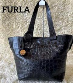 FURLA フルラ トートバック ワニ型押し ブラック黒 ハンド 肩掛け 金具