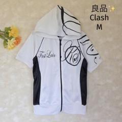 Clash 半袖パーカー【M】メンズ フード 英字ロゴ　ジップ 白×黒