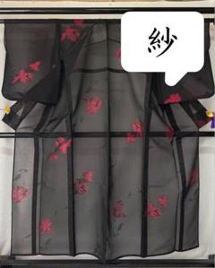 [美品] 小柄　小紋　夏着物　正絹　黒　百合　カジュアル　無地　薄物　夏物
