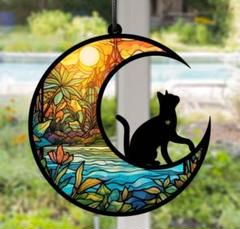 サンキャッチャー 壁掛け飾り ステンドグラス 黒猫 月 太陽 インテリア 可愛い