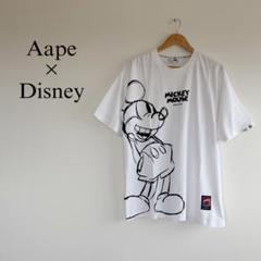 Aape × Disney 手書き風　ミッキープリント　コラボTシャツ　白T