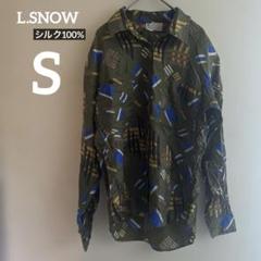 L.SNOW シルク 長袖シャツ Sサイズ オリーブグリーン 総柄 柄シャツ