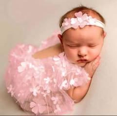 ニューボーンフォト　コスチューム　ピンク 花柄フリルドレス ヘアバンド付　新生児