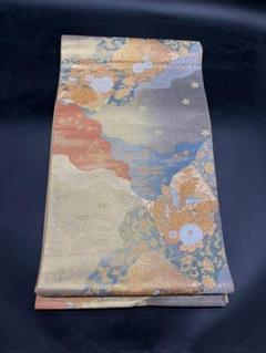 高級　正絹　洒落帯　名古屋帯　アンティーク　ゴールド系　金箔　煙柄　107
