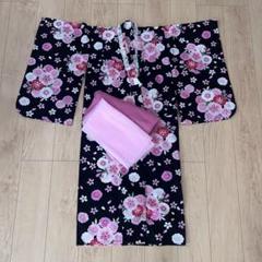 子供 浴衣 京都瑠璃雛菊 花柄 黒色 帯セット