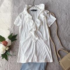 美品(XS)ストレッチTシャツ/半袖/フリル/日本製/プルオーバー/アイボリー