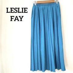 LESLIE FAY ターコイズ プリーツスカート 総柄　幾何学模様　レトロ