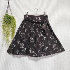 ☆ESPRIT (XS) ミモレ丈 フレア 総柄 ウエストリボン スカート 茶