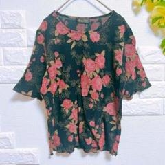 Tシャツ　ブラウス　美品　M バラ　花柄　上品　高見え　フリル　お洒落　半袖