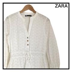 ZARA　ワンピース　ロング　長袖　ホワイト　ドット　フロントボタン　水玉　S