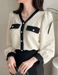 DAZY 女性用 コントラストカラー Vネック テクスチャード長袖トップ