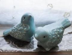 鳥の置物／陶器セラミック／ブルー系／2羽 ／鳥雑貨／6✖~9