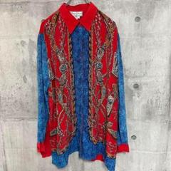 シルクシャツ 総柄 スパンコール 絹 赤 青 90's 00's 古着 柄シャツ