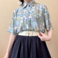 花柄 総柄シャツブラウス 昭和レトロ ヴィンテージ 白 水色
